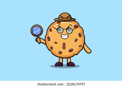 Cute cartoon character Biscuits detective is searching with magnifying glass