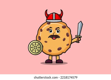 Cute cartoon character Biscuits viking pirate with hat and holding sword and shield illustration