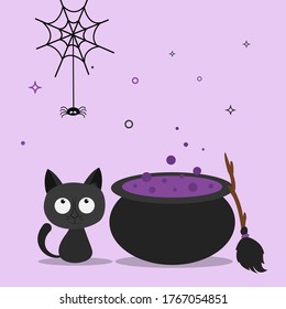 Cute cartoon character black cat or kitten sitting near witch cauldron with bubbles, black spider and spider web, broom. Happy Halloween set. Vector illustration of Halloween greeting card 