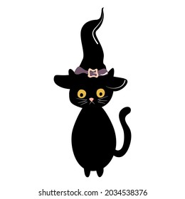 cute cartoon character black cat with witch hat halloween vector illustration