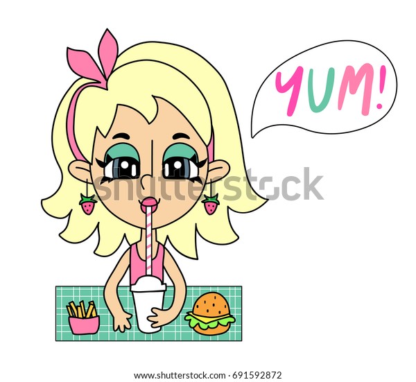 Cute Cartoon Character Blonde Girl Strawberry Stock Vector