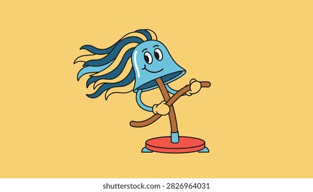 Cute cartoon character of a blue bell shaped mop with yellow hair scrubbing happily on a bright yellow background.