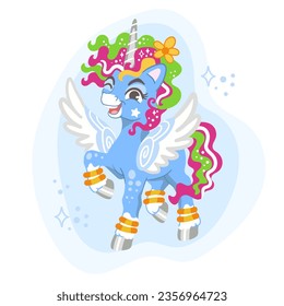 Cute cartoon character blue joyful unicorn with wings. Vector illustration isolated on a white background. Happy magic unicorn. For print, design, poster, sticker, card, decoration and kids clothes