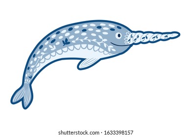 Cute Cartoon character blue Narwhal Is Swimming, isolated on white background. Vector Illustrations for children. Baby Shower card.  North Pole animal wildlife