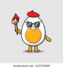 Cute cartoon character Boiled egg painter with hat and a brush to draw in cute design style design