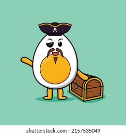 Cute cartoon character Boiled egg pirate with treasure box in modern style design