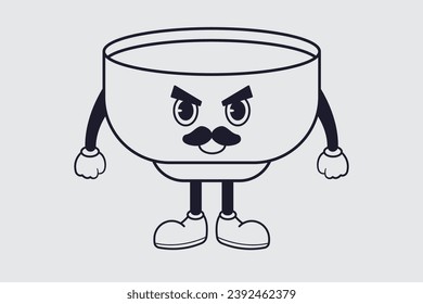 Cute cartoon character of a bowl with mustache. Vector illustration