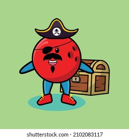 Cute cartoon character Bowling ball pirate with treasure box in modern style design for t-shirt, sticker logo element