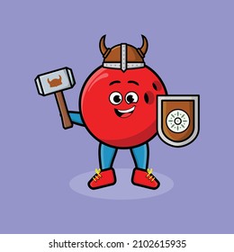 Cute cartoon character Bowling ball viking pirate with hat and holding hammer and shield in cute style design for t-shirt, sticker, logo element, poster