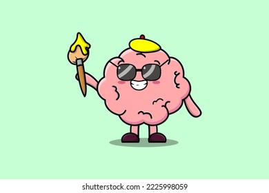 Cute cartoon character Brain painter portraitist with hat and a brush to draw in cute design style