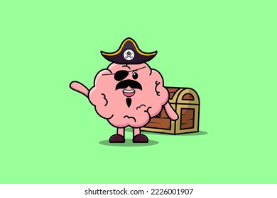 Cute cartoon character Brain pirate with treasure box illustration in modern style design