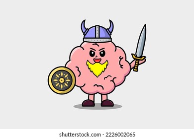Cute cartoon character Brain viking pirate with hat and holding sword and shield illustration
