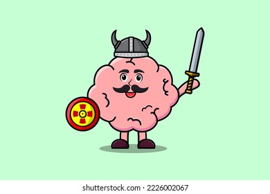 Cute cartoon character Brain viking pirate with hat and holding sword and shield illustration