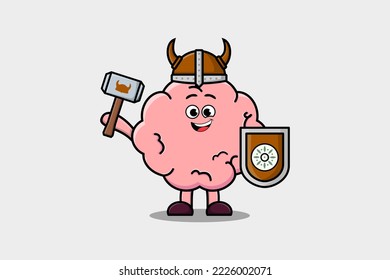 Cute cartoon character Brain viking pirate with hat and holding hammer and shield