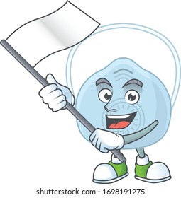 Cute cartoon character of breathing mask holding white flag