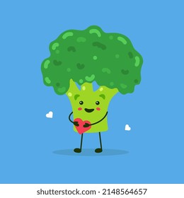 Cute cartoon character broccoli with a heart. Vector illustration of funny broccoli on a blue background.