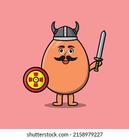 Cute cartoon character Brown cute egg viking pirate with hat and holding sword and shield