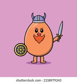 Personaje de caricatura lindo Brown huevo viking pirata con sombrero y sostiene espada y escudo