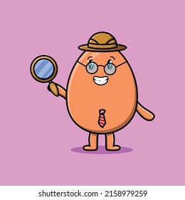 Cute cartoon character Brown cute egg detective is searching with magnifying glass and cute style