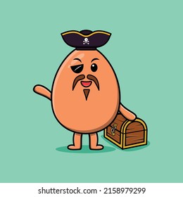 Cute cartoon character Brown cute egg pirate with treasure box in modern style design