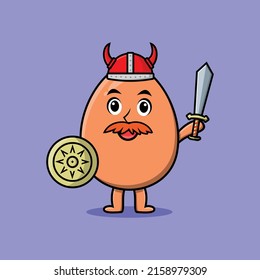 Personaje de caricatura lindo Brown huevo viking pirata con sombrero y sostiene espada y escudo