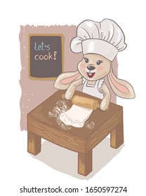 A cute cartoon character a bunny in a cook hat stands at the table and rolls out the dough with a rolling pin. Vector illustration.