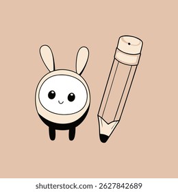 Cute cartoon character with bunny ears and pencil on light brown background