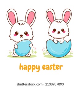 Cute cartoon character of bunny with egg. Hand drawn style flat character