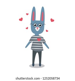 cute cartoon character bunny in glasses with hearts. vector image isolated on white background. logo, print, card, poster, icon, sticker