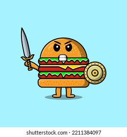 Cute cartoon character Burger holding sword and shield in modern style design