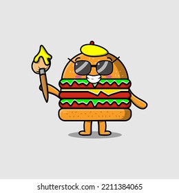 Cute cartoon character Burger painter portraitist with hat and a brush to draw in cute design