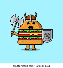 Cute cartoon character Burger viking pirate with hat and holding ax and shield