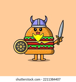 Cute cartoon character Burger viking pirate with hat and holding ax and shield