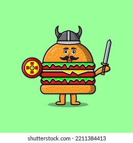 Cute cartoon character Burger viking pirate with hat and holding sword and shield illustration