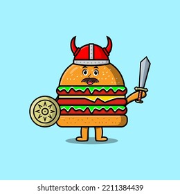 Cute Cartoon Character Burger Viking Pirate With Hat And Holding Ax And Shield