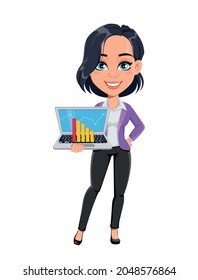 Cute cartoon character business woman holding laptop