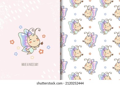 Cute cartoon character butterfly card and seamless pattern for kids