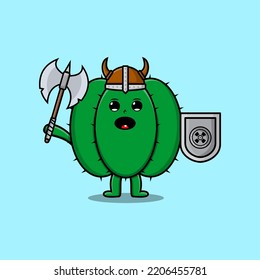 Cute cartoon character Cactus viking pirate with hat and holding ax and shield