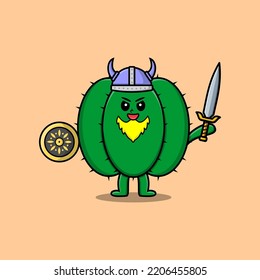 Cute cartoon character Cactus viking pirate with hat and holding sword and shield illustration