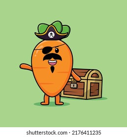 Cute cartoon character Carrot pirate with treasure box in modern style design