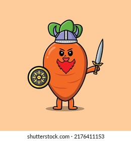 Cute cartoon character Carrot viking pirate with hat and holding sword and shield