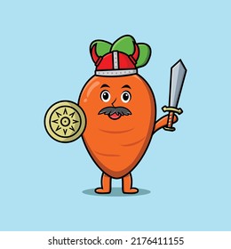 Cute cartoon character Carrot viking pirate with hat and holding sword and shield