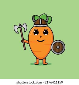 Cute cartoon character Carrot viking pirate with hat and holding ax and shield