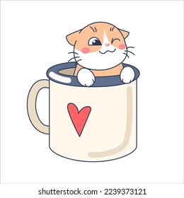 Cute cartoon character cat in a cup with a heart on it