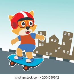 Cute cartoon character cat skater. Vector print with cute cat on a skateboard. Can be used for t-shirt print, kids wear fashion design, fabric textile, nursery wallpaper and other decoration.
