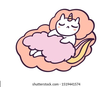 Cute cartoon character cat unicorn sleeping in clouds, funny vector illustration isolated on white.