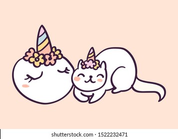 Cute cartoon character cat unicorn sleeping near pumpkin, funny vector illustration. T-shirt print graphic art.