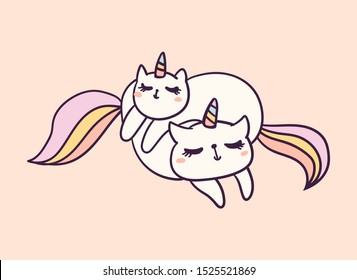 Cute cartoon character cat unicorn, funny vector illustration. T-shirt print graphic art.