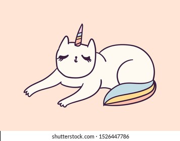 Cute cartoon character cat unicorn, funny vector illustration. T-shirt print graphic art.