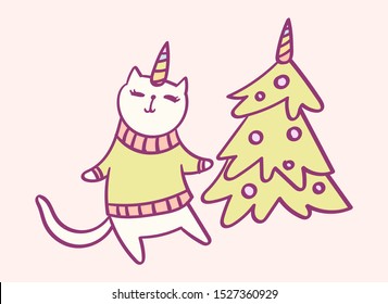 Cute cartoon character cat unicorn doing Christmas preparations, funny vector illustration. T-shirt card print graphic art.